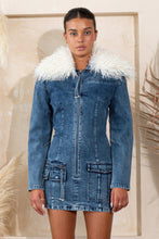 Fur Trimmed Zip Up Denim Cargo Dress