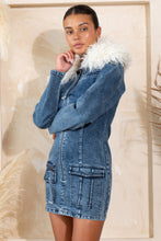 Fur Trimmed Zip Up Denim Cargo Dress