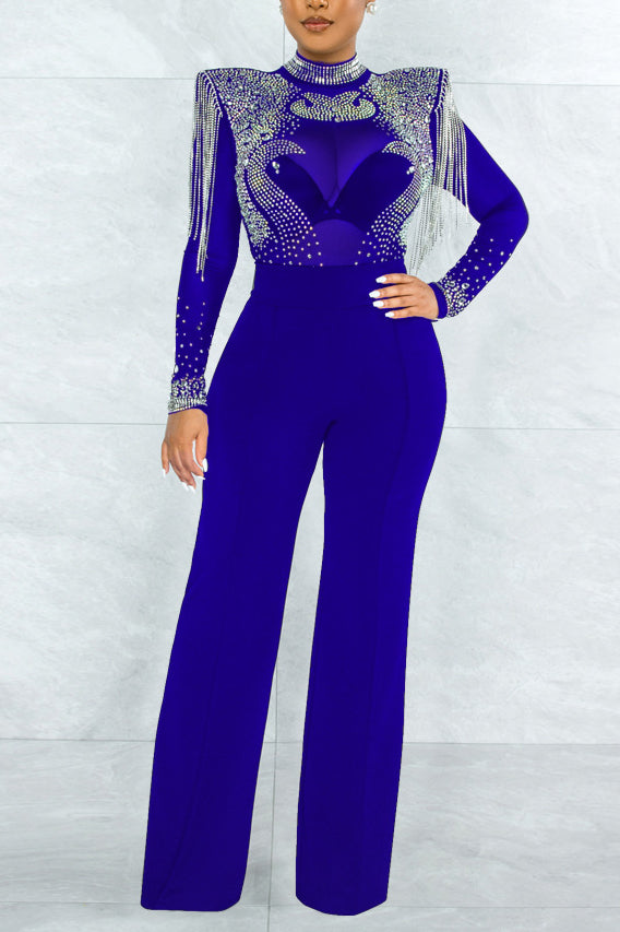 Plus Size Rhinestone Tassel Mesh Jumpsuit