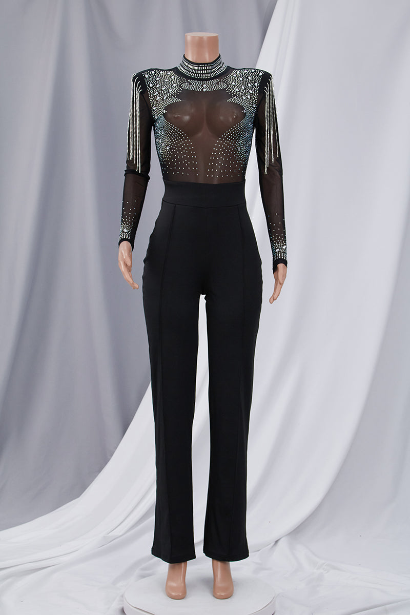 Plus Size Rhinestone Tassel Mesh Jumpsuit