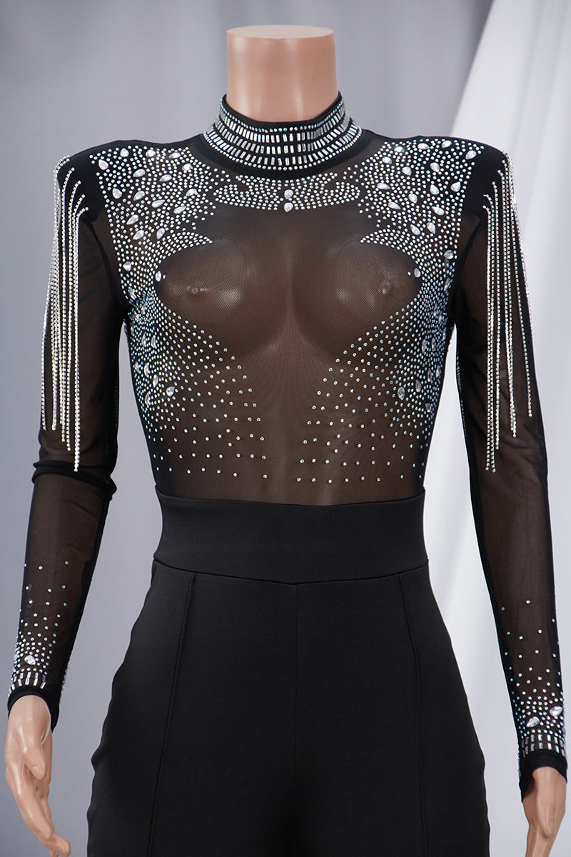 Plus Size Rhinestone Tassel Mesh Jumpsuit